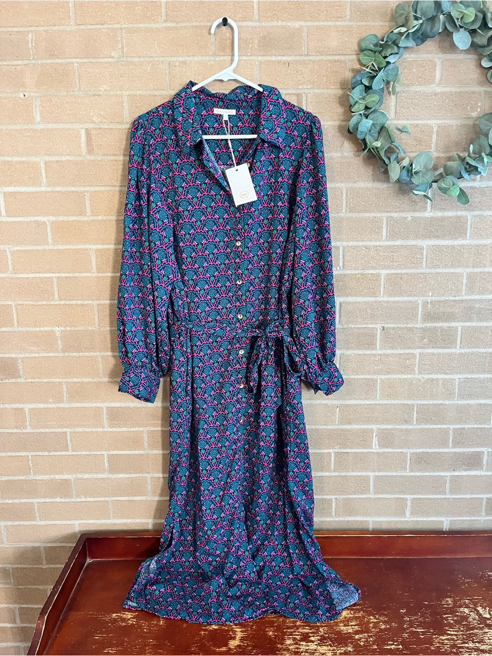 Long Sleeve Midi Shirt Dress in Teal Floral Print